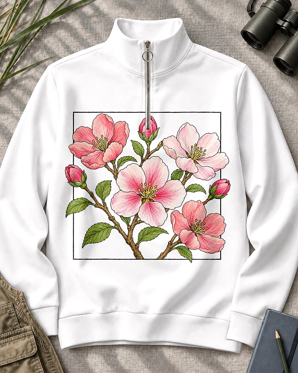 Cherry Blossom Garden Quarter-Zip Stretch Sweatshirt Spandex UPF50+