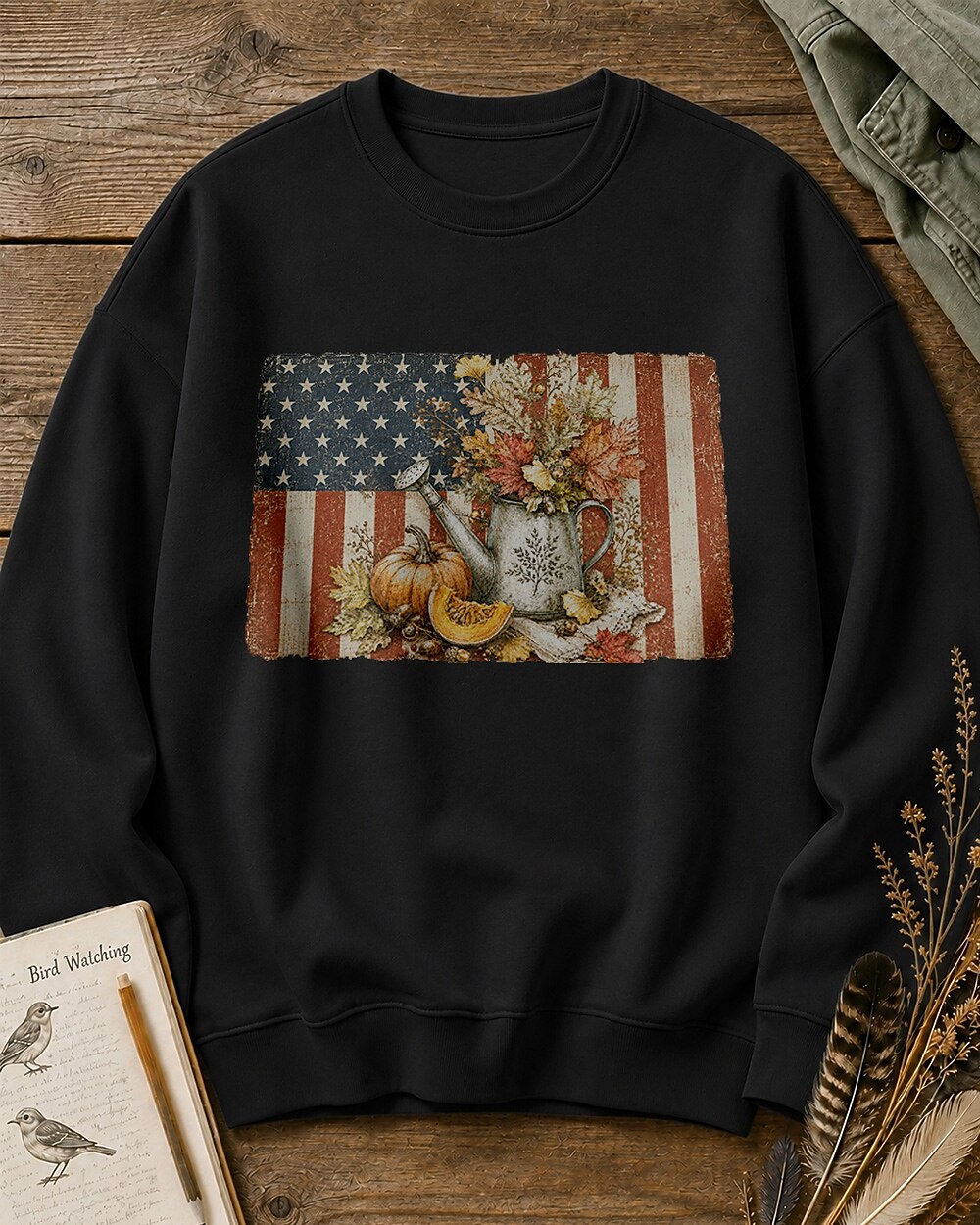 American Flag Pumpkin Watering Can Autumn Garden Sweatshirt