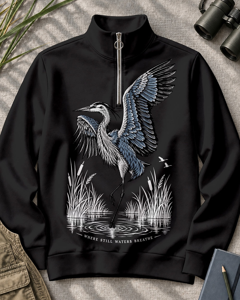 Great Blue Heron Wetland UPF50+ Spandex Quarter-Zip Stretch Sweatshirt