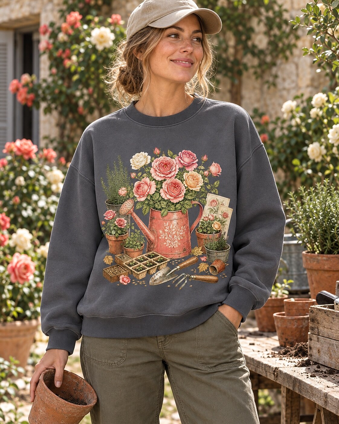 Rose Watering Can Cottage Garden Floral Sweatshirt