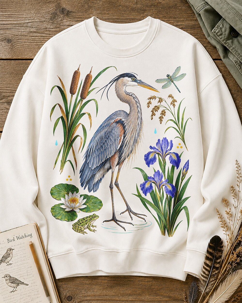 Great Blue Heron Cattails Iris Water Lily Bird Watching Sweatshirt