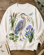 Great Blue Heron Cattails Iris Water Lily Bird Watching Sweatshirt