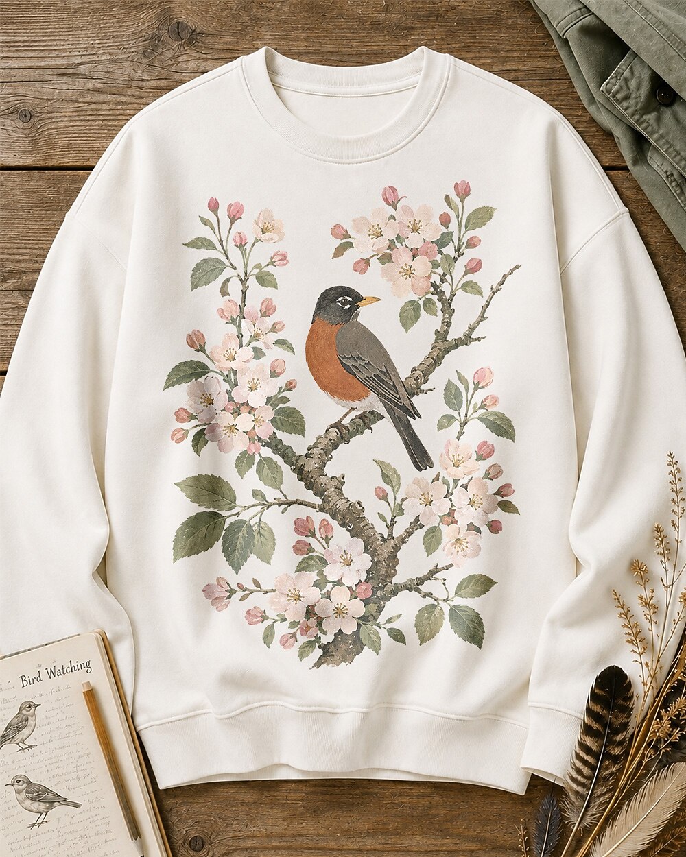 American Robin Apple Blossom Vintage Bird Watching Sweatshirt