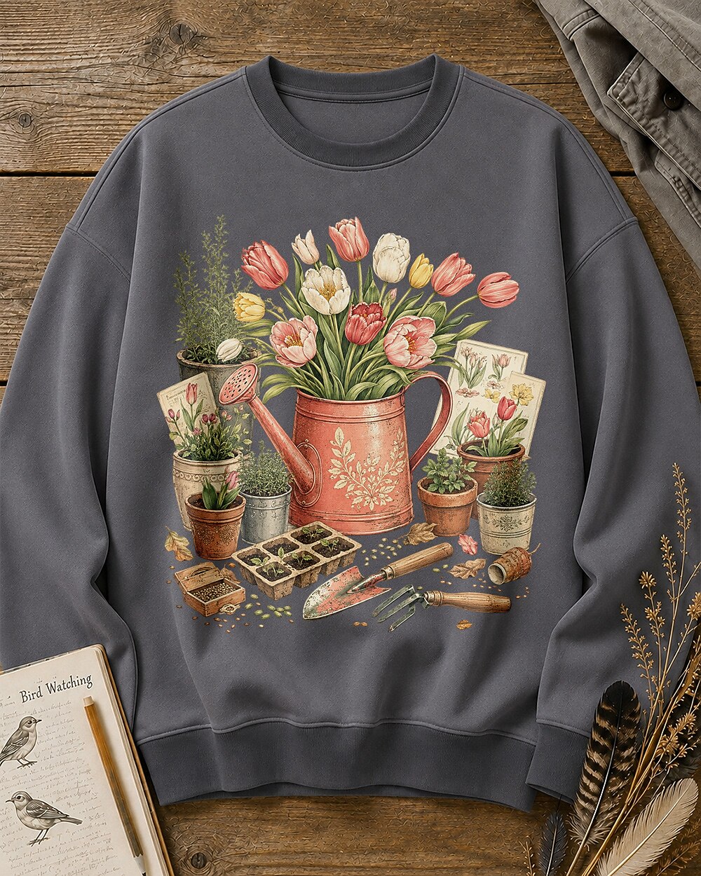 Tulip Watering Can Cottage Garden Floral Sweatshirt