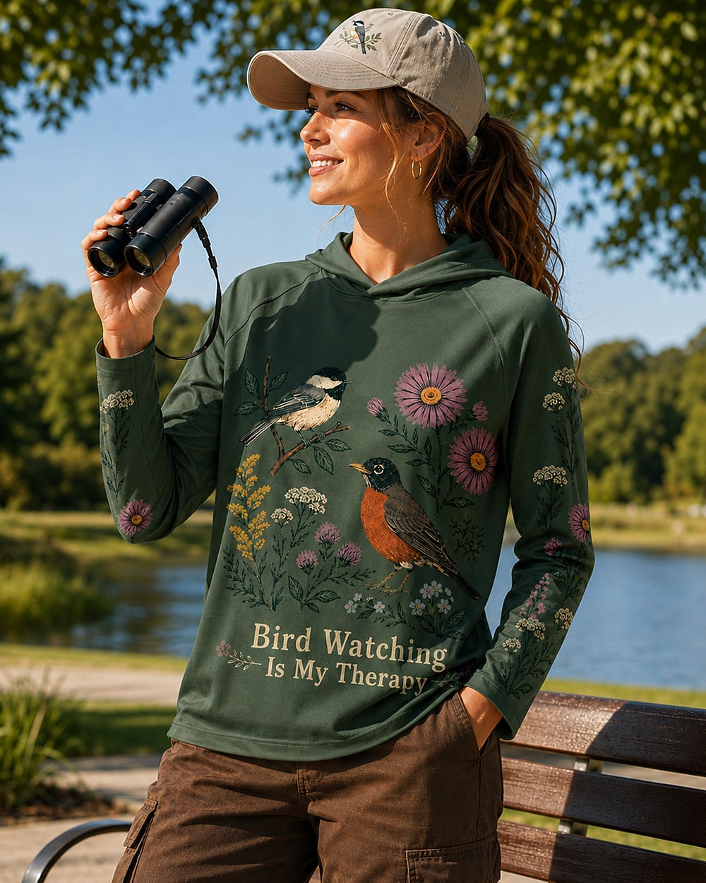 UPF 50+ Chickadee American Robin Wildflower Sun Hoodie for birdwatching and garden lovers – product image 2