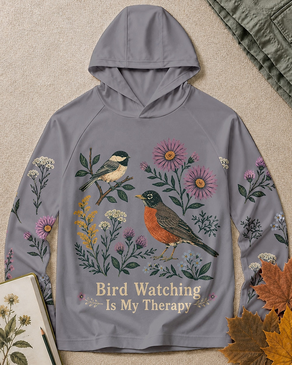 UPF 50+ Chickadee American Robin Wildflower Sun Hoodie for birdwatching and garden lovers – product image 6