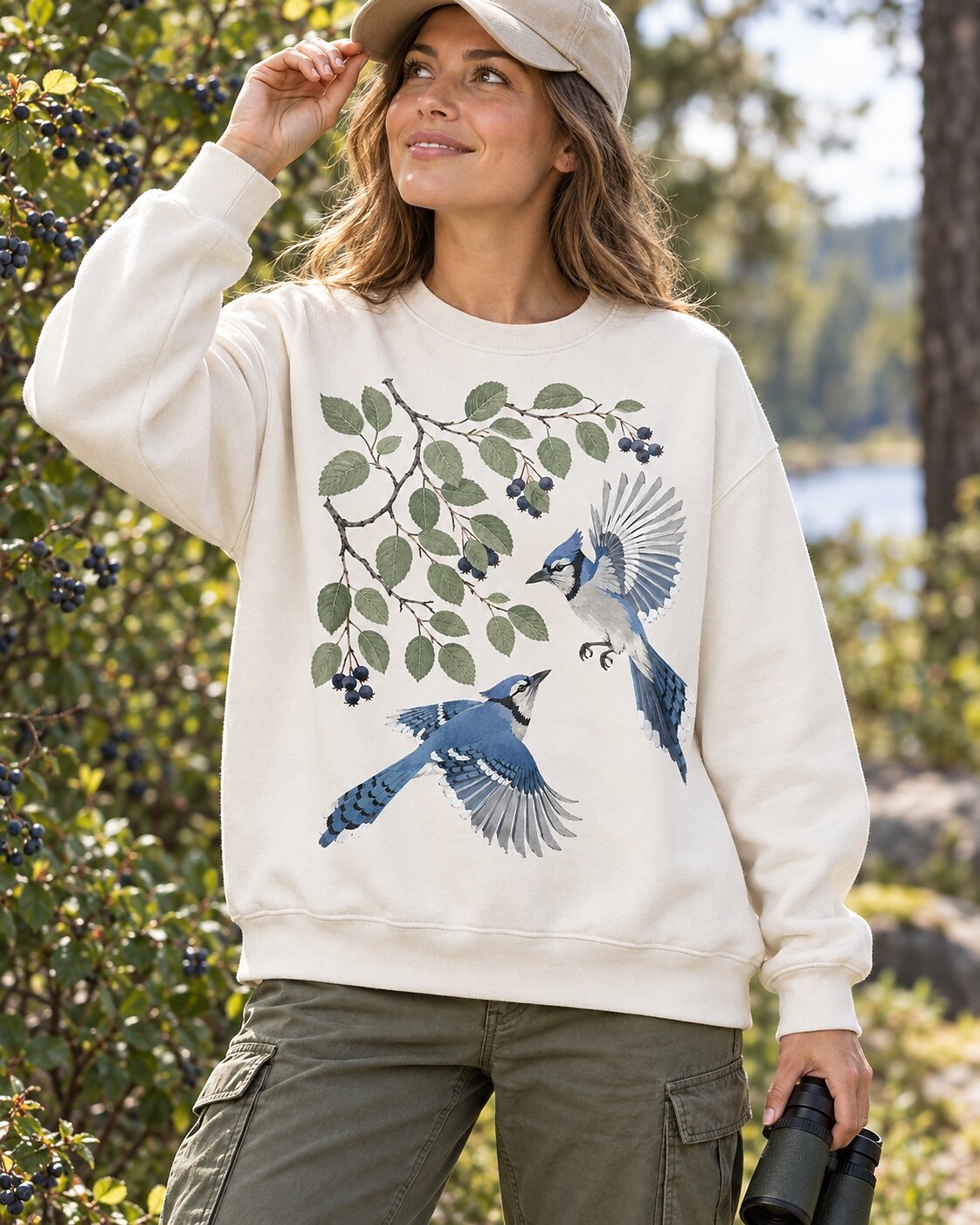 Blue Jay Pair Blueberry Branch Backyard Bird Watching Sweatshirt