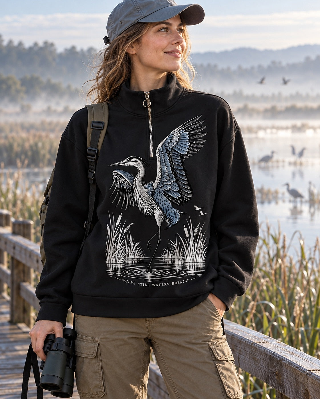 Great Blue Heron Wetland UPF50+ Spandex Quarter-Zip Stretch Sweatshirt