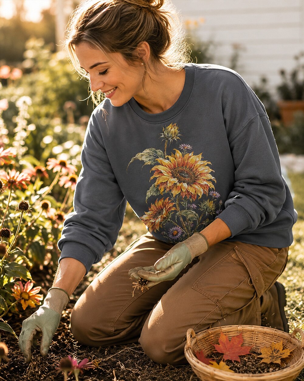 Sunflower Purple Aster Vintage Botanical Garden Sweatshirt