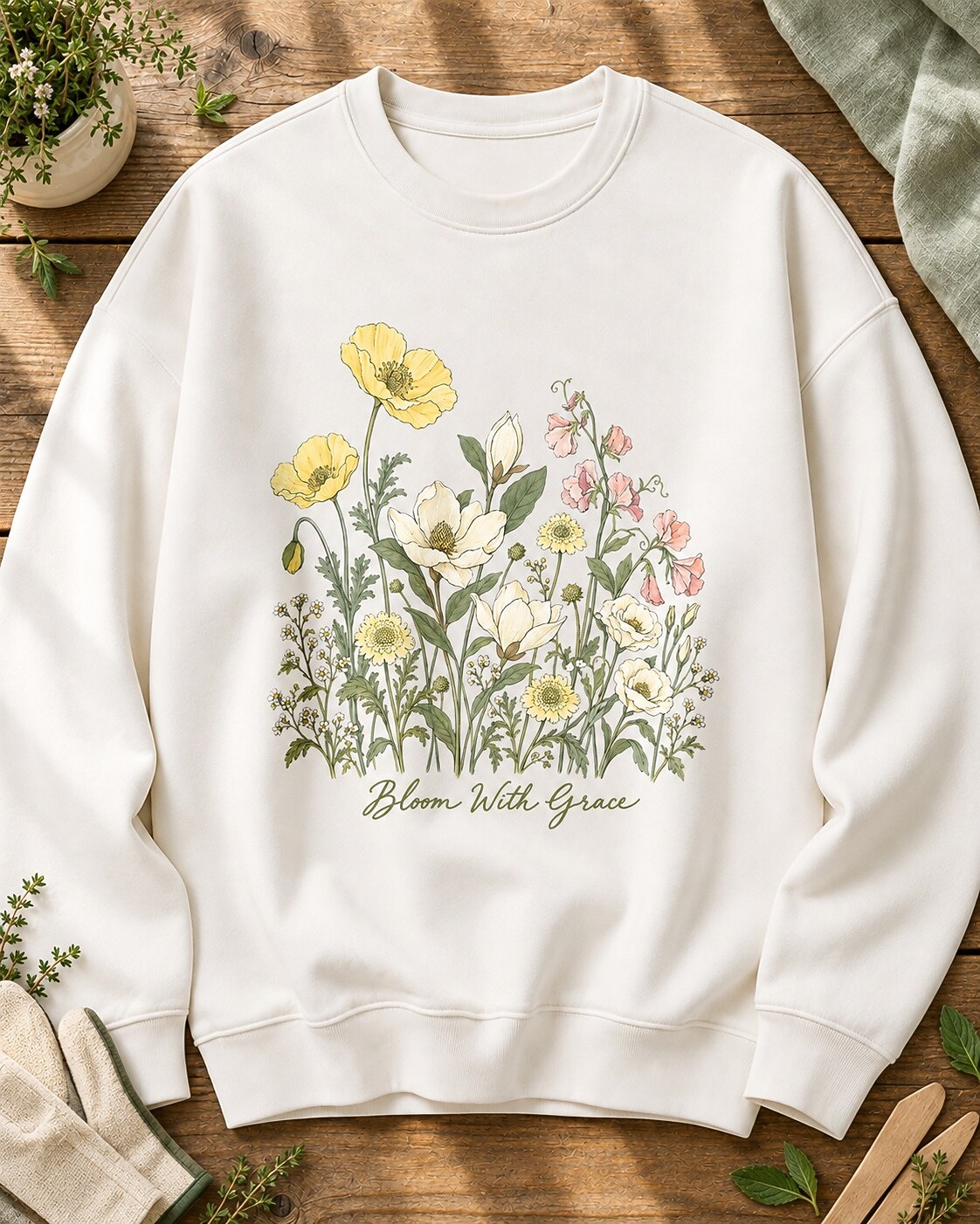 Yellow Poppy Magnolia Sweet Pea Wildflower Garden Sweatshirt