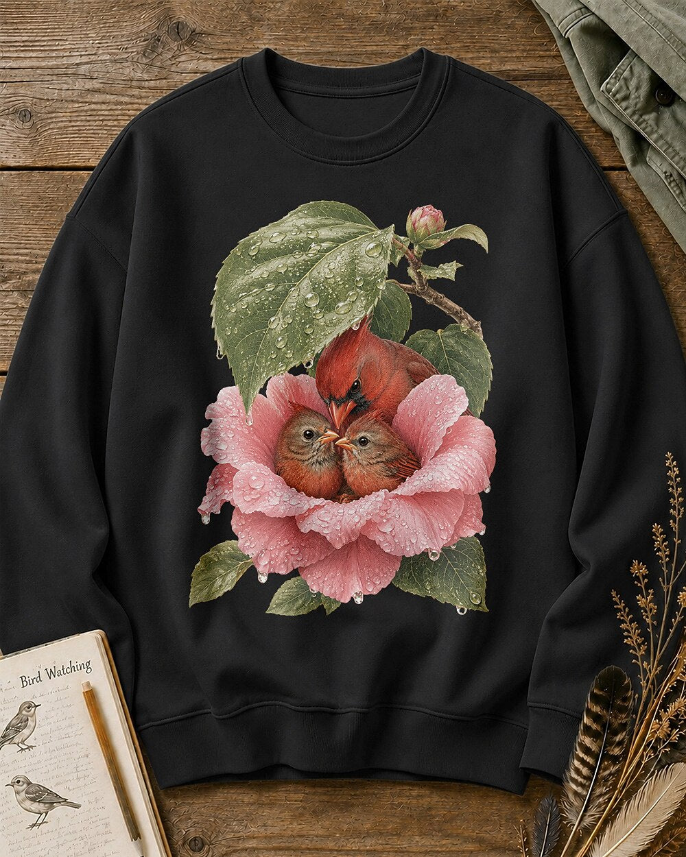 Northern Cardinal Nesting Rose Flower Birdwatching Sweatshirt