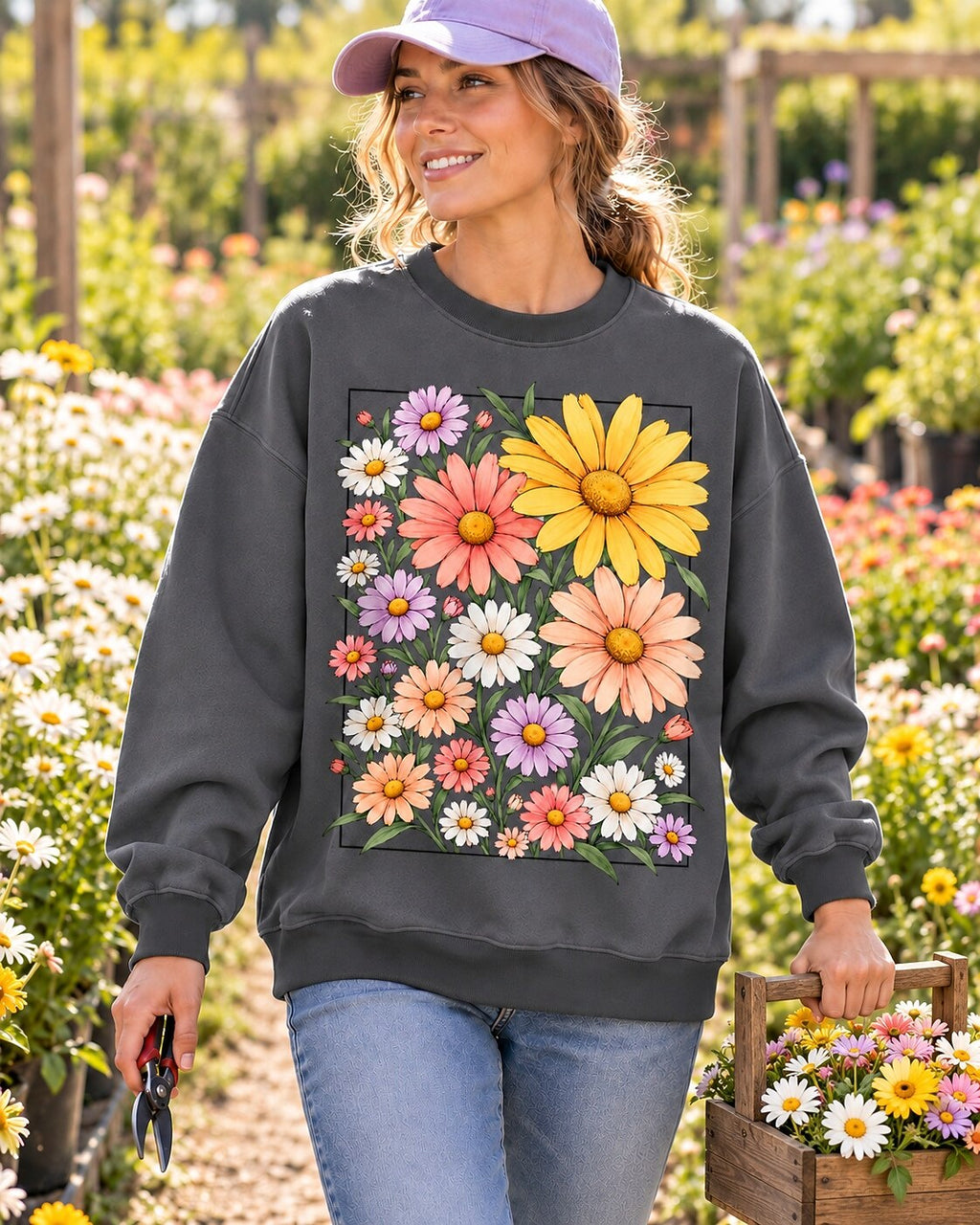 Daisy Garden Frame Floral Botanical Graphic Sweatshirt