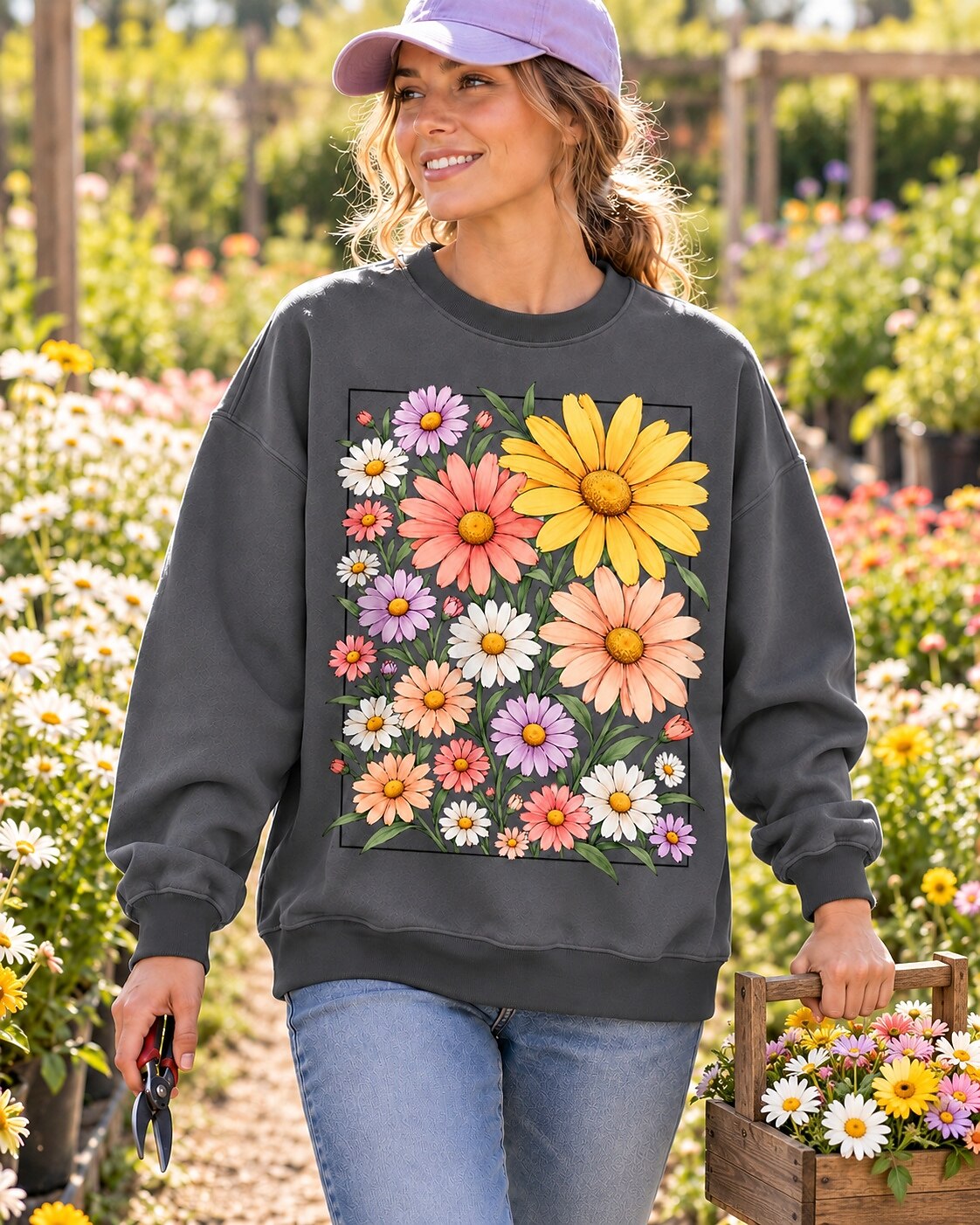 Daisy Garden Frame Floral Botanical Graphic Sweatshirt