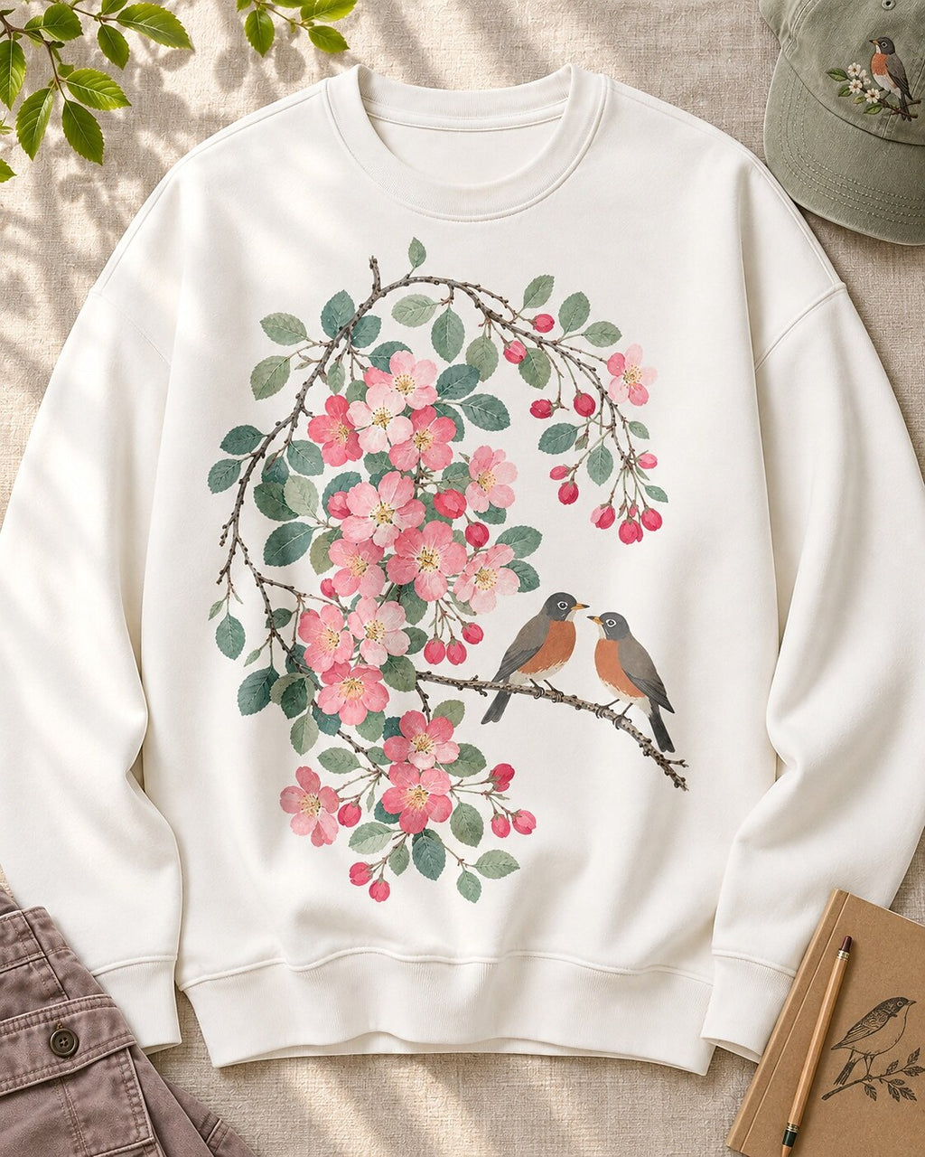 American Robin Pair Apple Blossom Backyard Bird Watching Sweatshirt