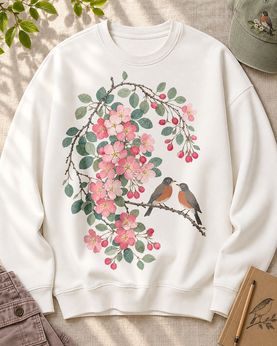 American Robin Pair Apple Blossom Backyard Bird Watching Sweatshirt