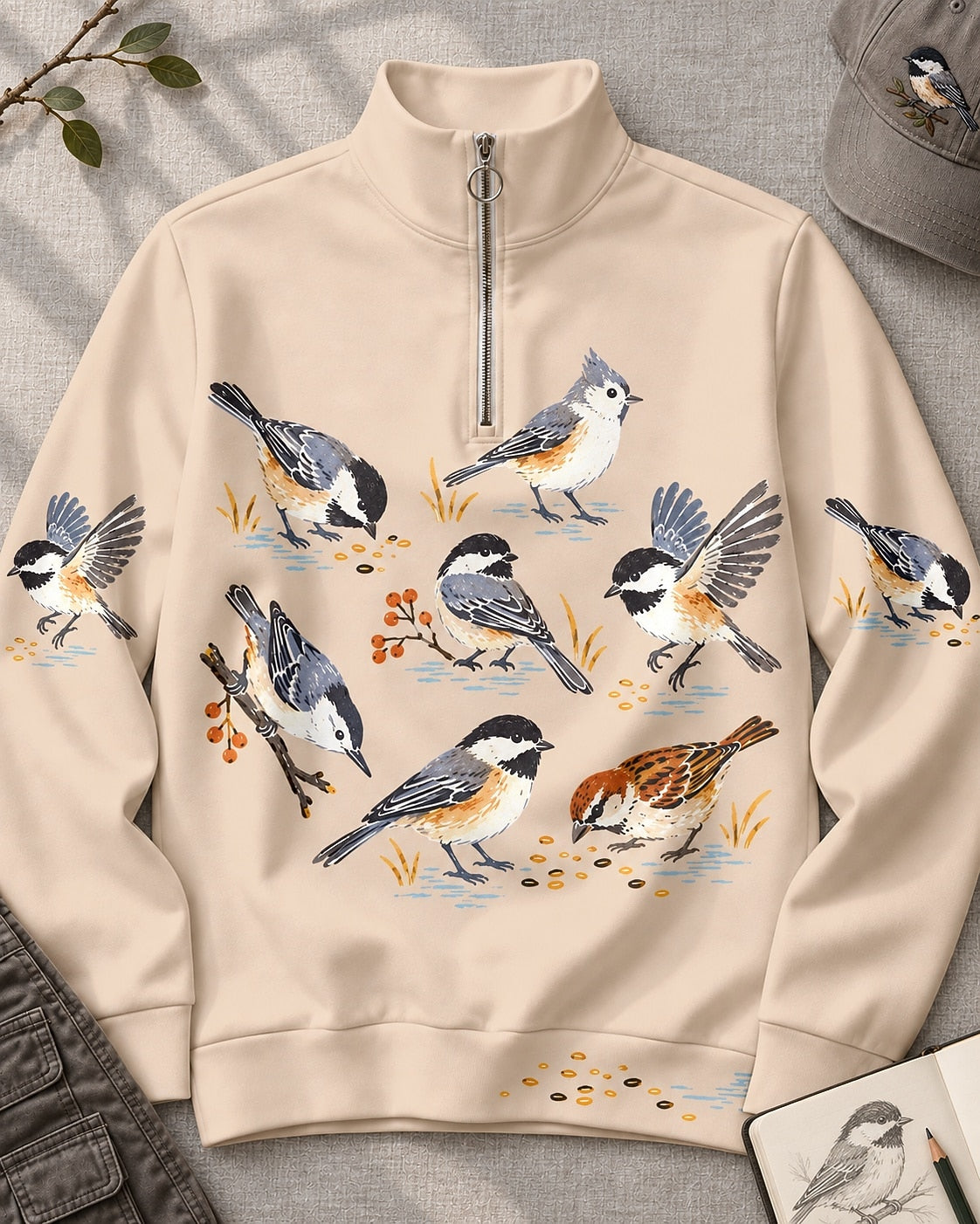 Chickadee Titmouse Backyard Birds UPF50+ Spandex Quarter-Zip Stretch Sweatshirt