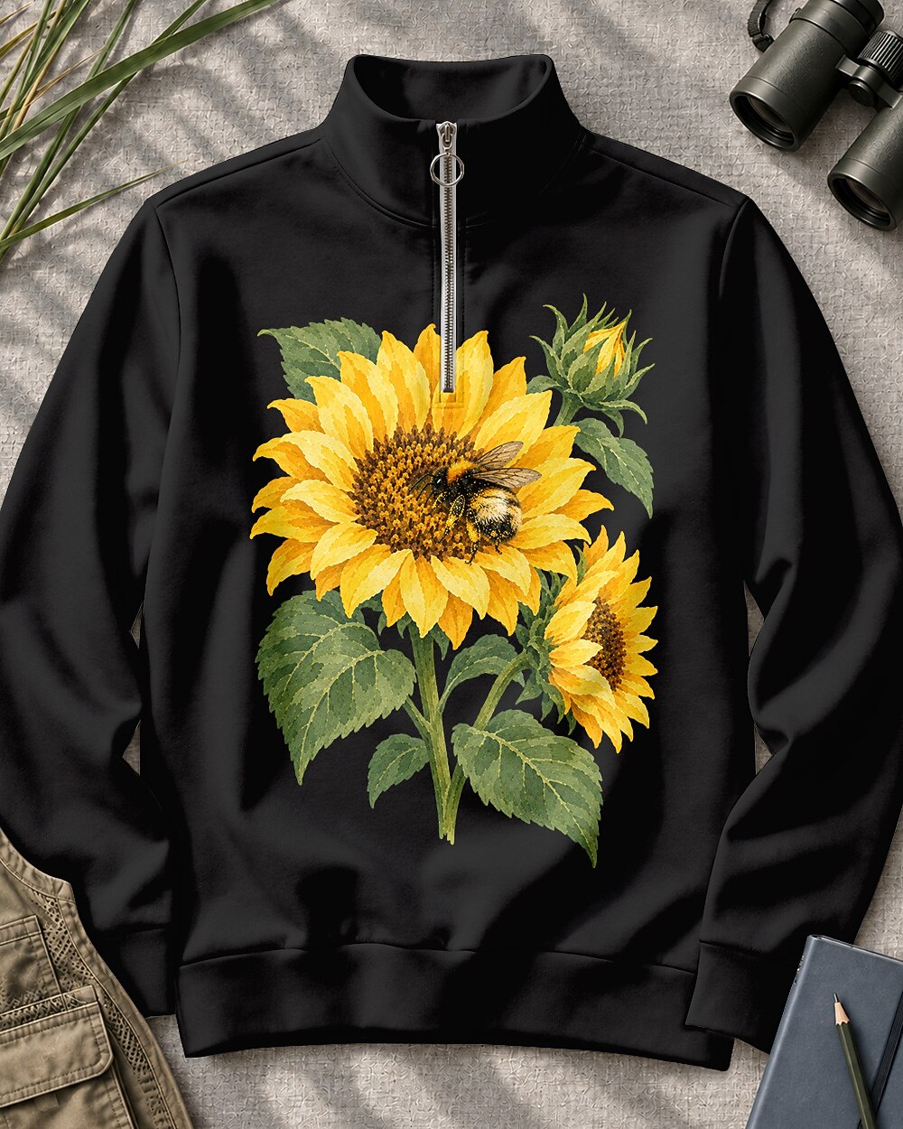 Sunflower Bee Garden Quarter-Zip Stretch Sweatshirt Spandex UPF50+