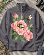 Peony Bees Floral Quarter-Zip Stretch Sweatshirt Spandex UPF50+