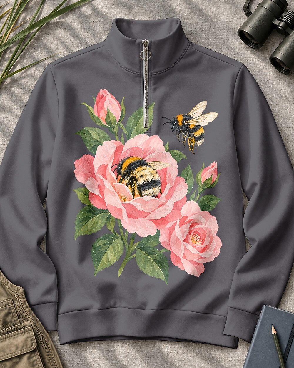 Peony Bees Floral Quarter-Zip Stretch Sweatshirt Spandex UPF50+