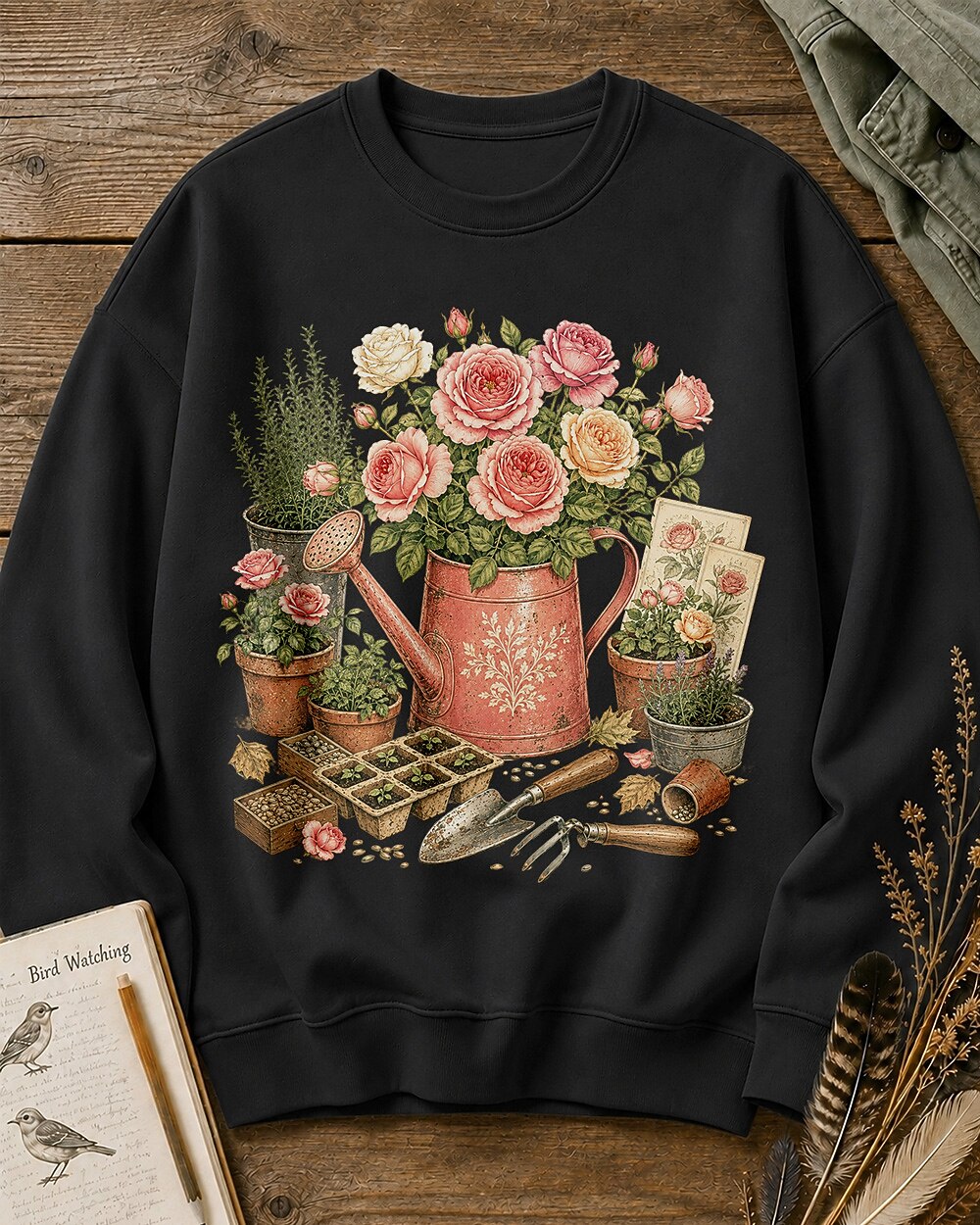 Rose Watering Can Cottage Garden Floral Sweatshirt