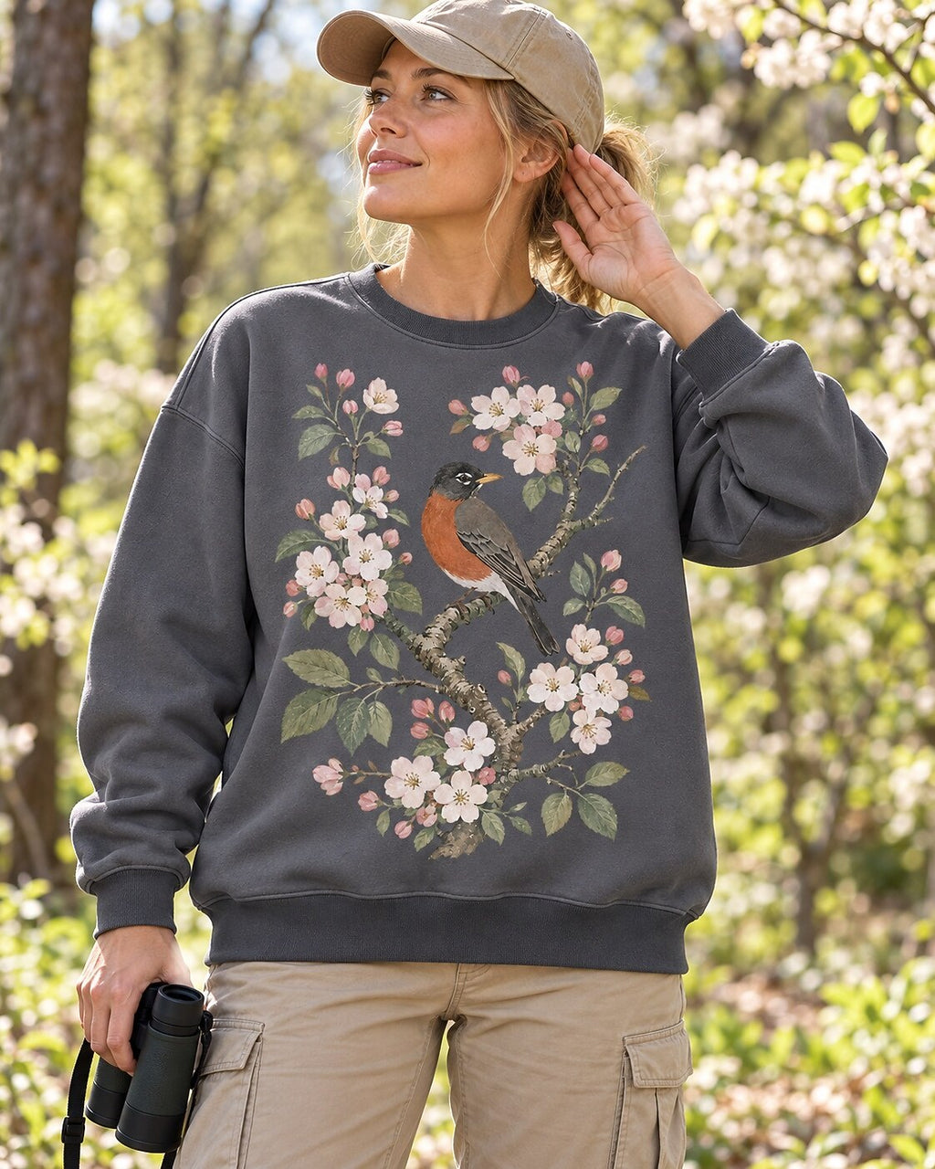 American Robin Apple Blossom Vintage Bird Watching Sweatshirt
