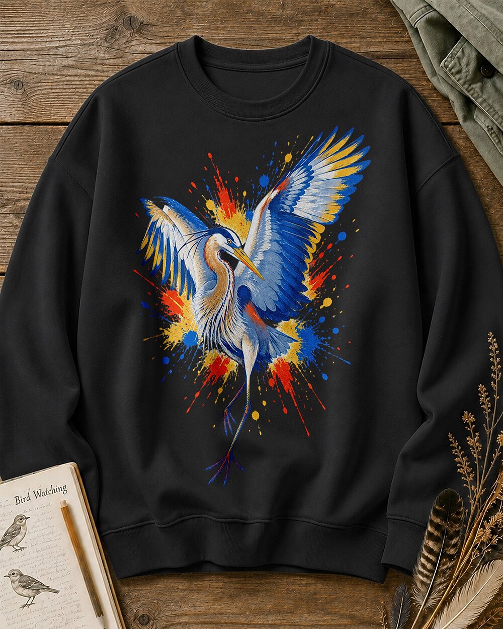 Great Blue Heron Colorful Wings Art Bird Watching Sweatshirt