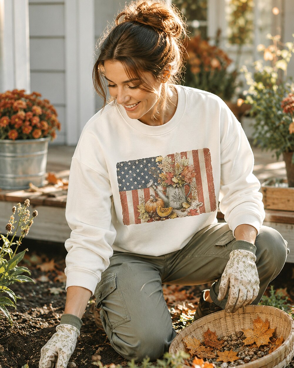 American Flag Pumpkin Watering Can Autumn Garden Sweatshirt