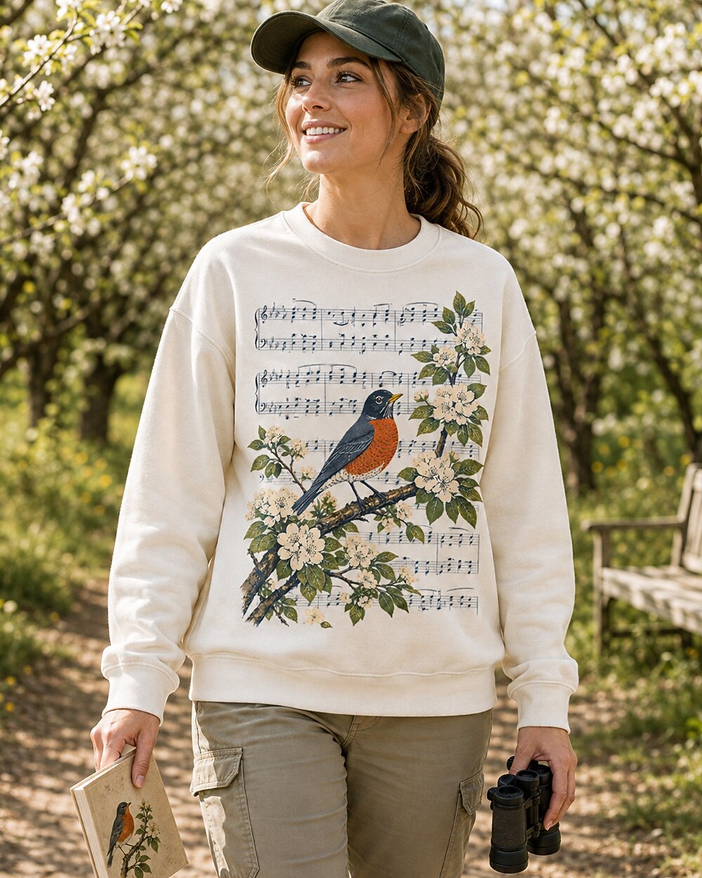 American Robin Apple Blossom Music Birdwatching Sweatshirt