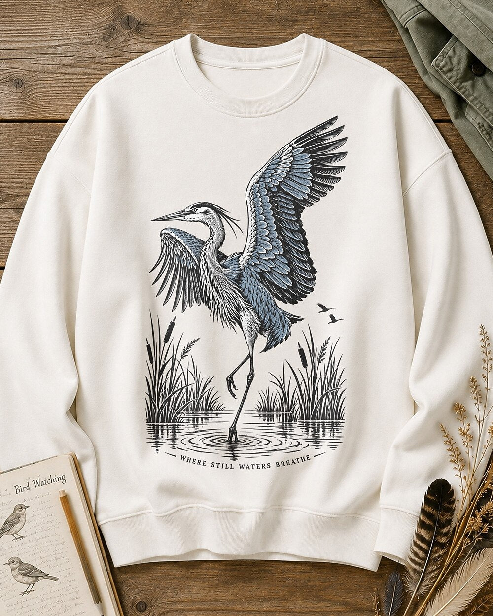Great Blue Heron Water Reflection Wetland Bird Watching Sweatshirt