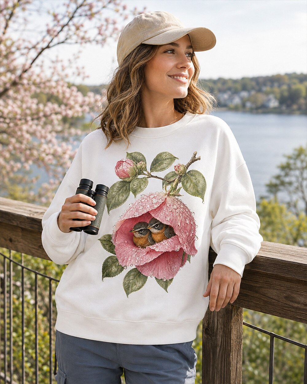 American Robin Nesting Rose Flower Birdwatching Sweatshirt