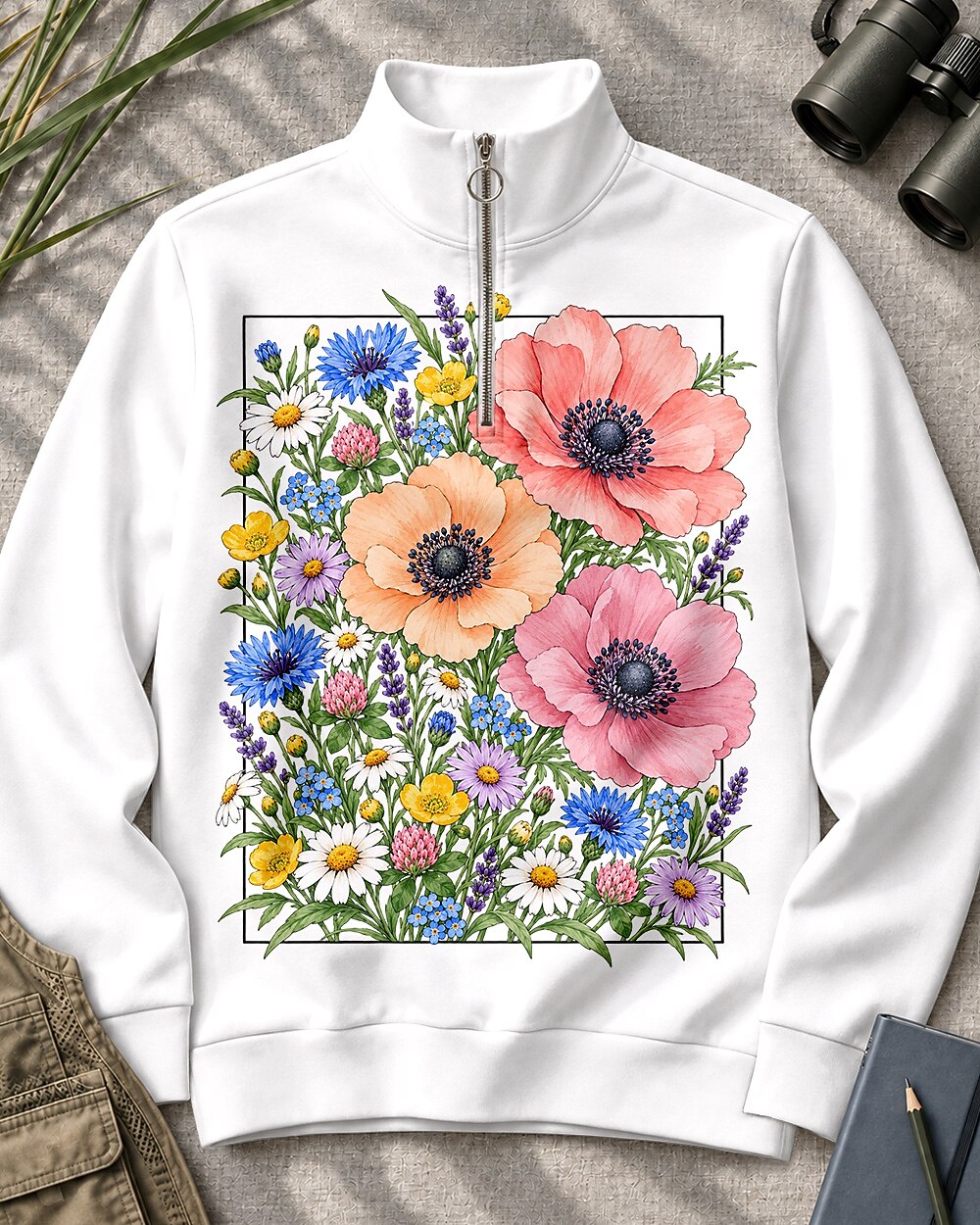 Poppy Wildflower Garden Quarter-Zip Stretch Sweatshirt Spandex UPF50+
