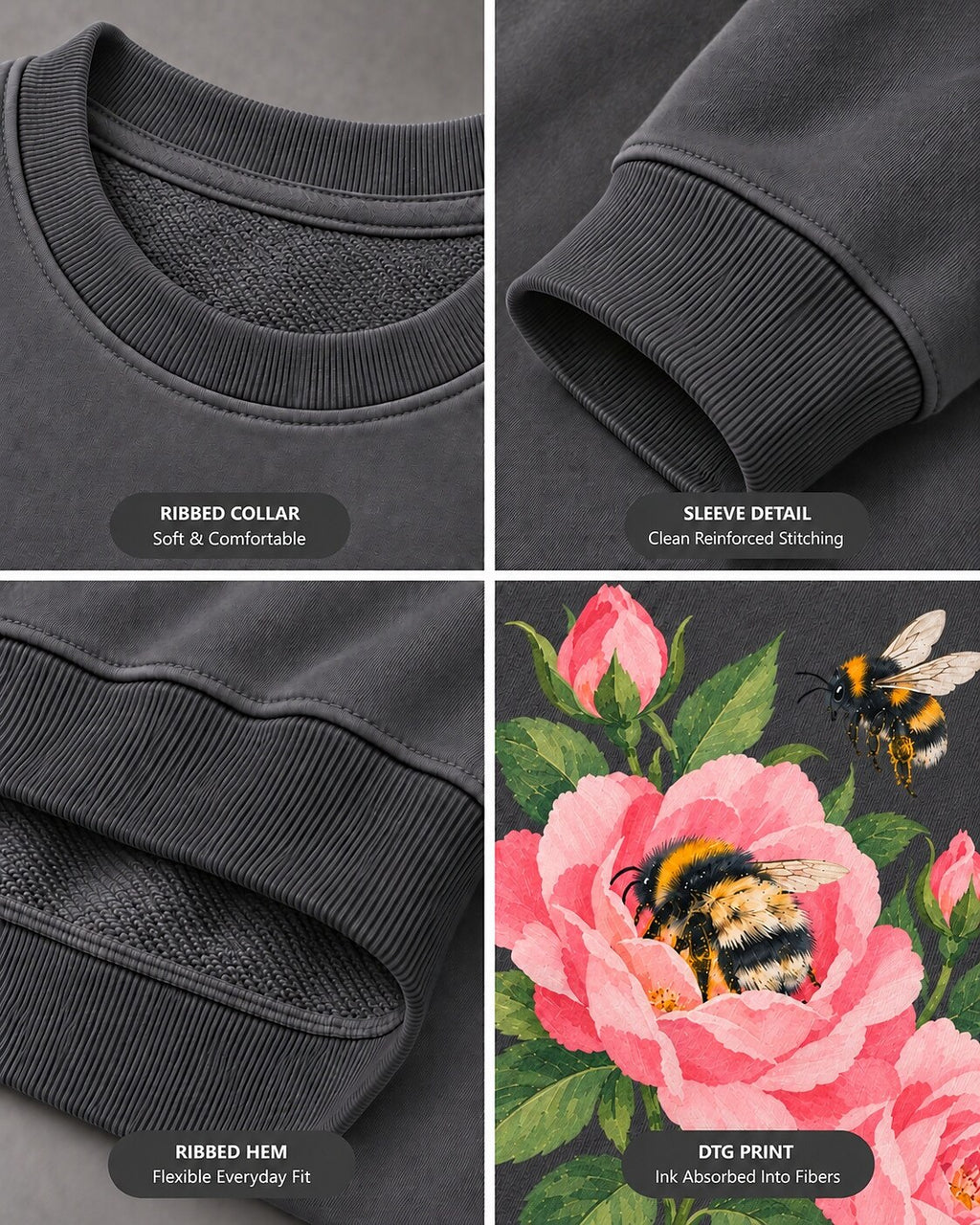 Rose Bee Garden Floral Botanical Graphic Sweatshirt