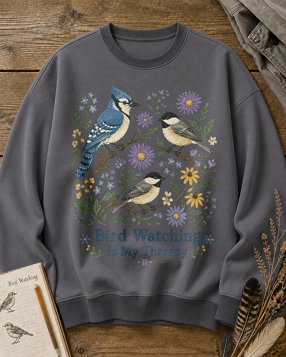 Blue Jay Chickadee Wildflower Bird Watching Therapy Sweatshirt