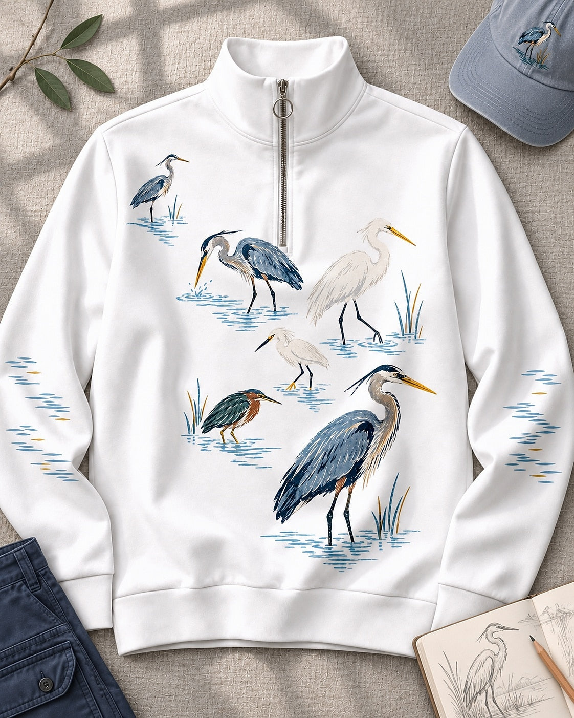 Heron Egret Kingfisher Water Birds UPF50+ Spandex Quarter-Zip Stretch Sweatshirt