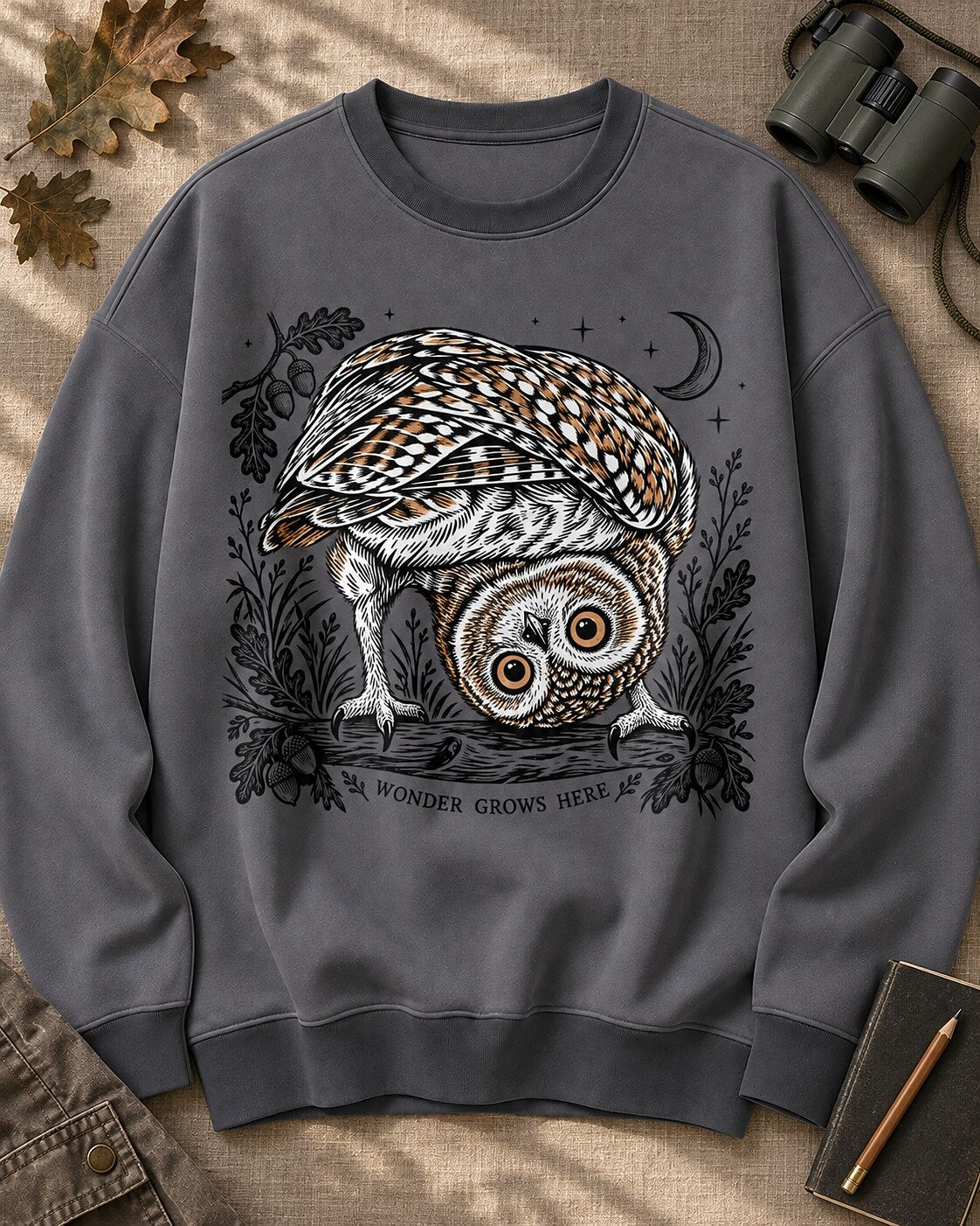 Owl Moonlit Oak Branch Night Bird Watching Sweatshirt