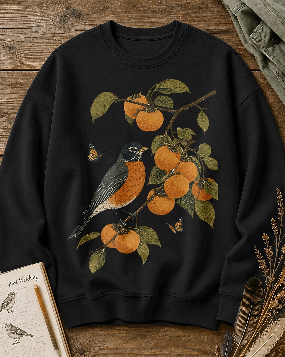 American Robin Persimmon Branch Autumn Birdwatching Sweatshirt