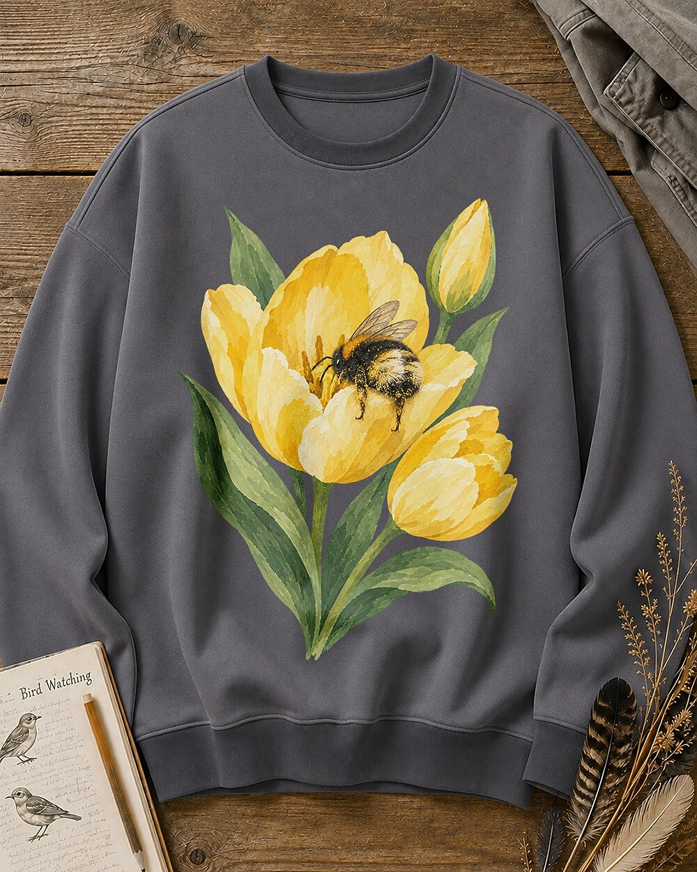 Tulip Bee Garden Vintage Floral Graphic Sweatshirt