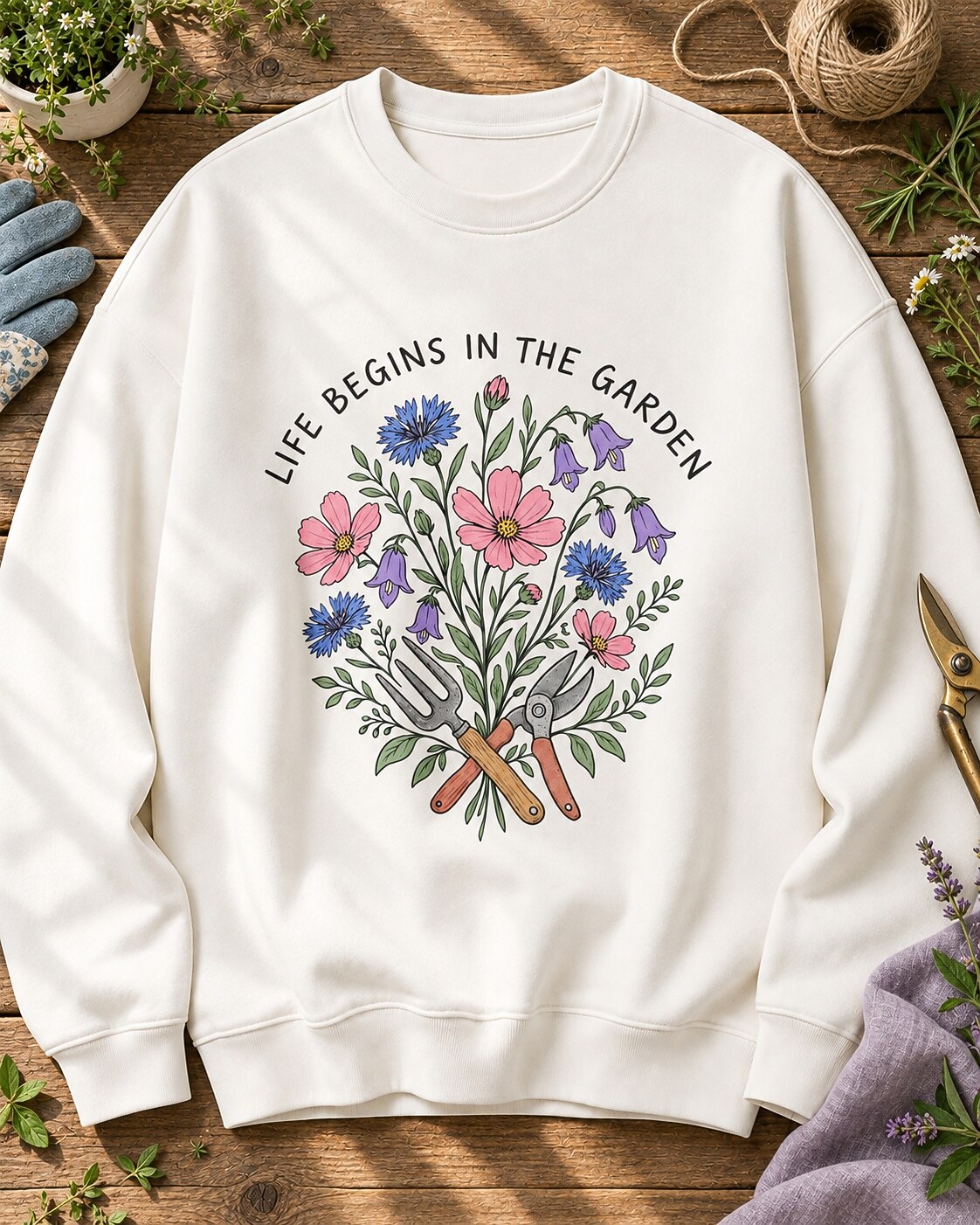 Cornflower Cosmos Wildflower Cottage Garden Tools Sweatshirt