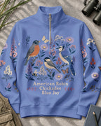 American Robin Chickadee Blue Jay Floral UPF50+ Spandex Quarter-Zip Stretch Sweatshirt
