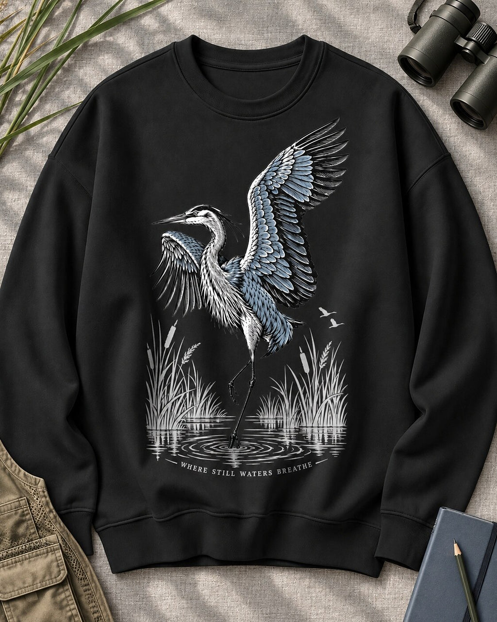 Great Blue Heron Water Reflection Wetland Bird Watching Sweatshirt