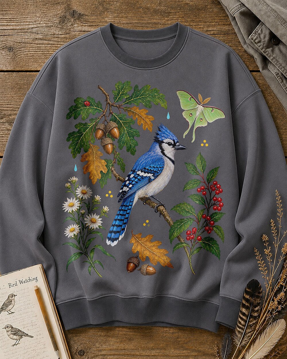 Blue Jay Oak Acorn Holly Berry Bird Watching Sweatshirt