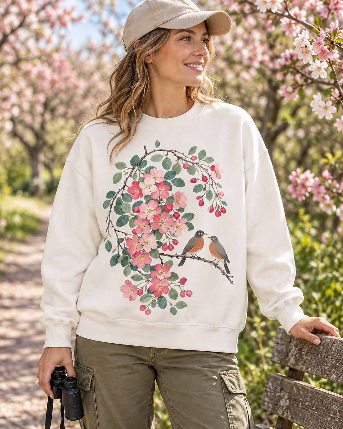 American Robin Pair Apple Blossom Backyard Bird Watching Sweatshirt