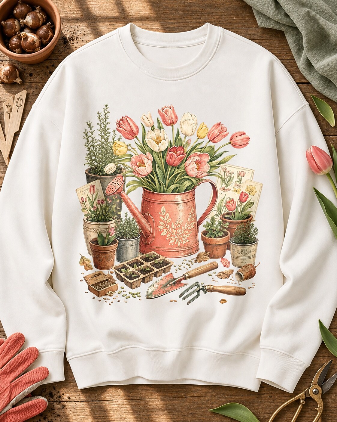 Tulip Watering Can Cottage Garden Floral Sweatshirt