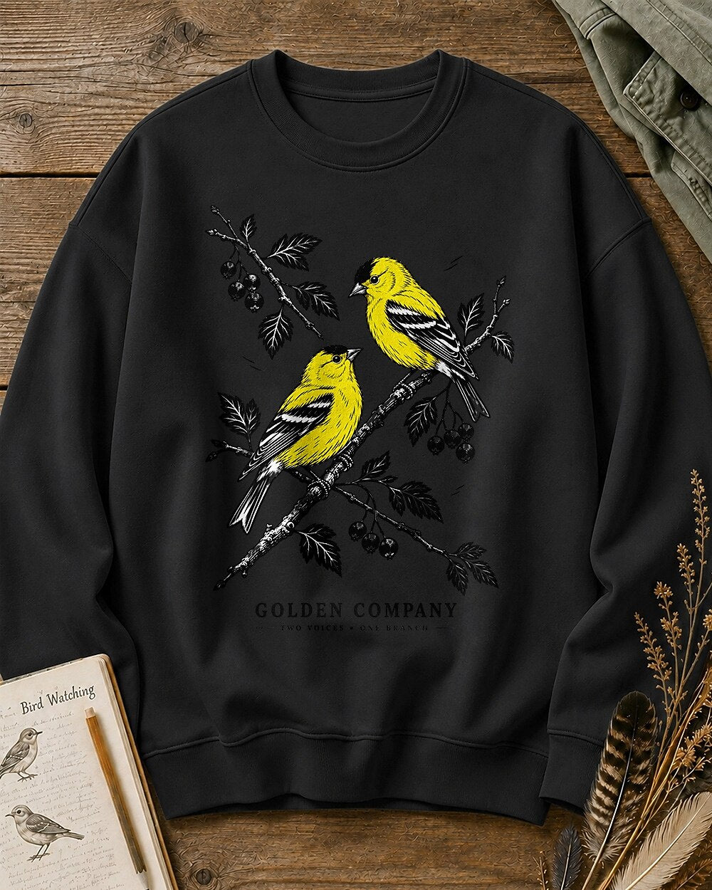 American Goldfinch Pair Berry Branch Backyard Bird Watching Sweatshirt