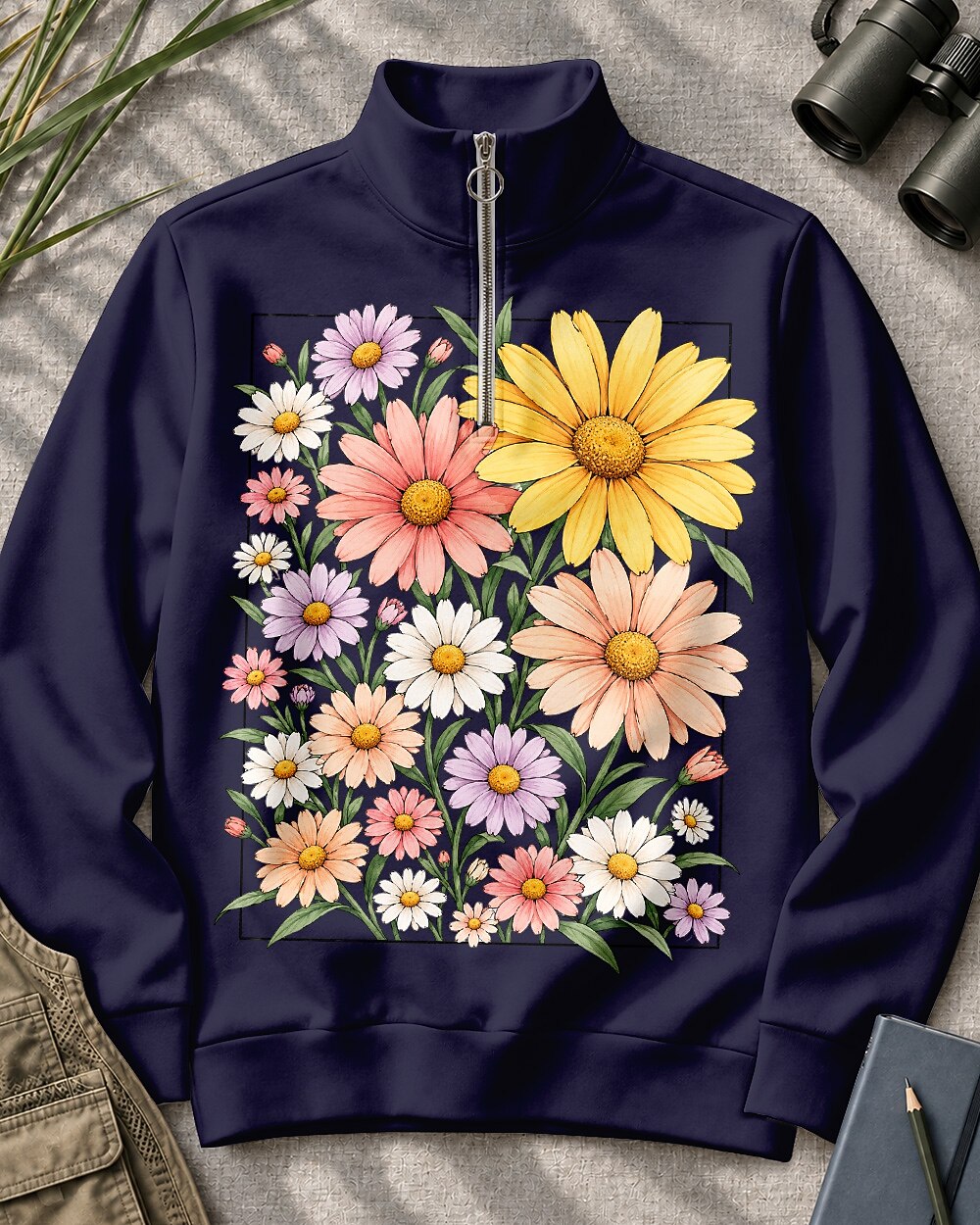 Colorful Daisy Floral Quarter-Zip Stretch Sweatshirt Spandex UPF50+