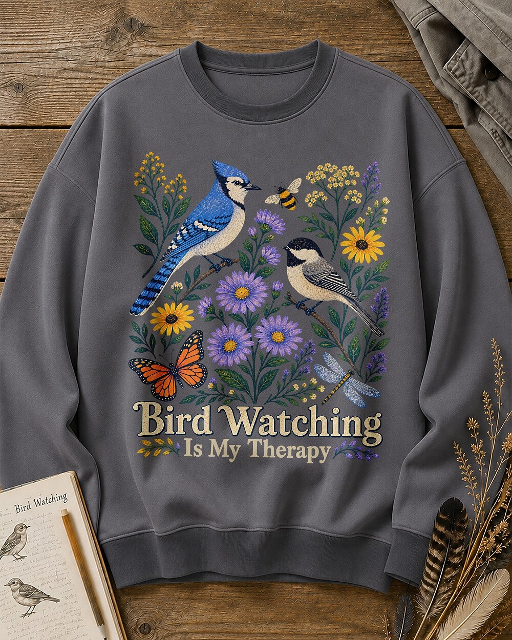 Blue Jay Chickadee Sunflower Bird Watching Therapy Sweatshirt