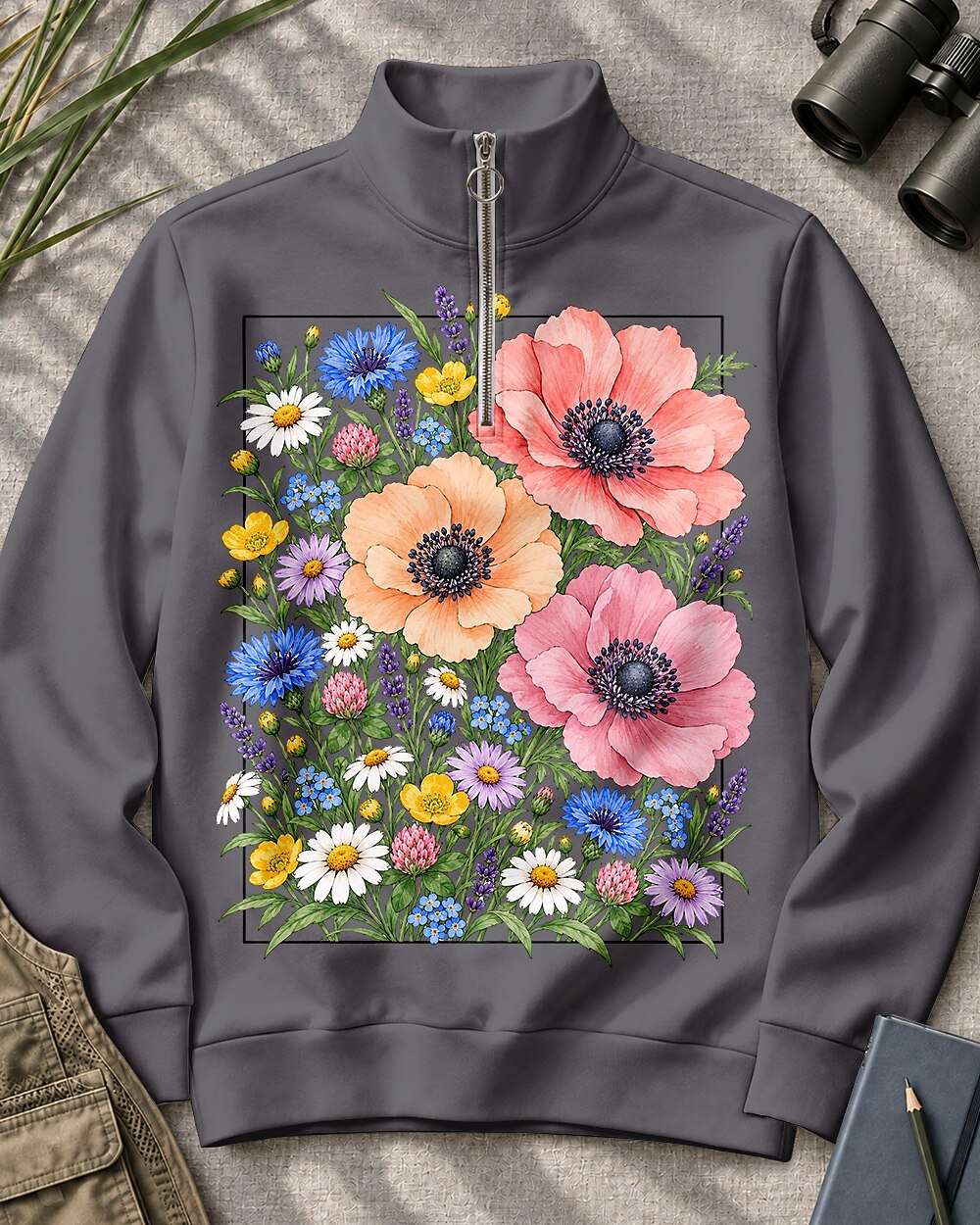 Poppy Wildflower Garden Quarter-Zip Stretch Sweatshirt Spandex UPF50+