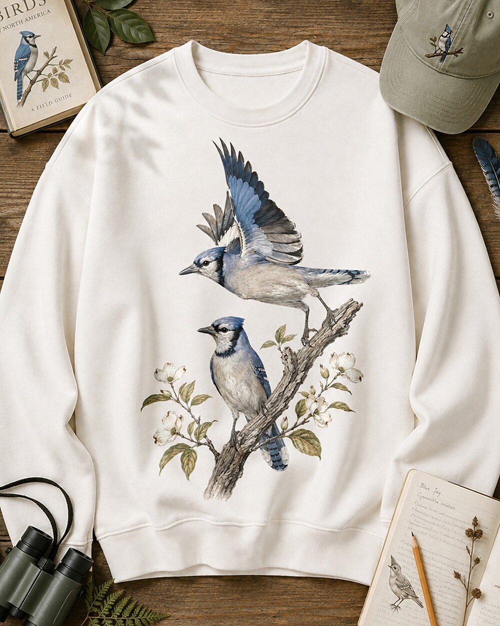 Blue Jay Pair Dogwood Blossom Birdwatching Sweatshirt