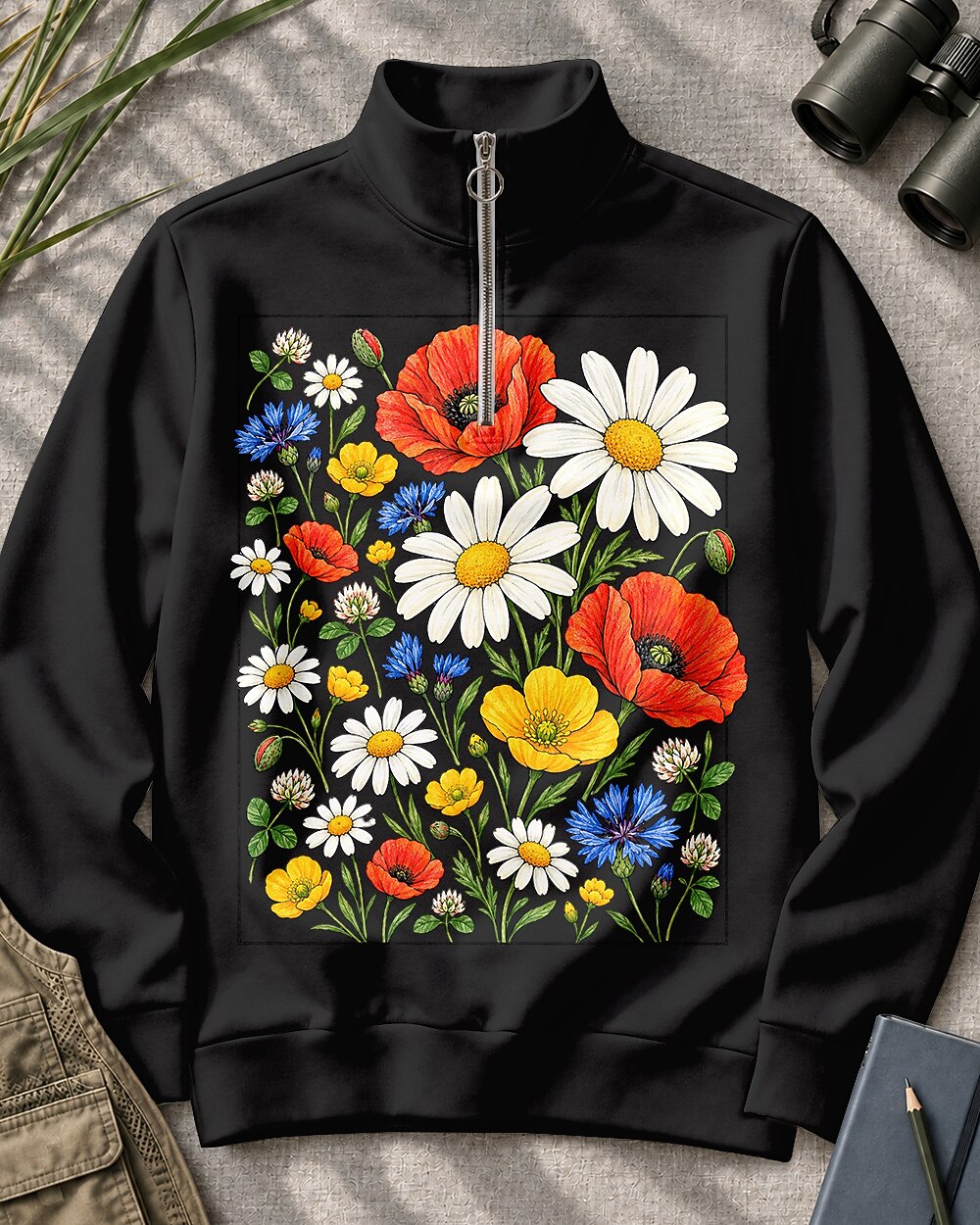 Wildflower Poppy Daisy Quarter-Zip Stretch Sweatshirt Spandex UPF50+