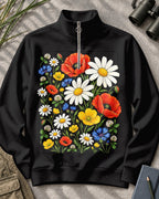 Wildflower Poppy Daisy Quarter-Zip Stretch Sweatshirt Spandex UPF50+